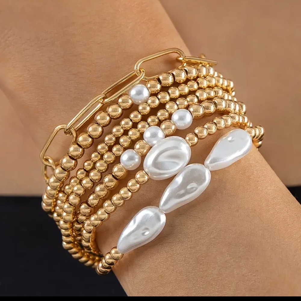 Gold Bead Stacker Bracelet 7pc Set Trendy Designer like Freshwater Pearl Beaded
